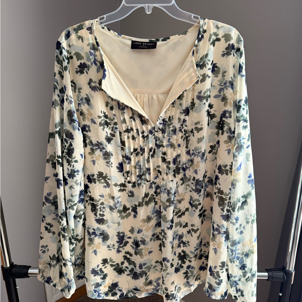 Lane Bryant Cream and Blue Floral Blouse